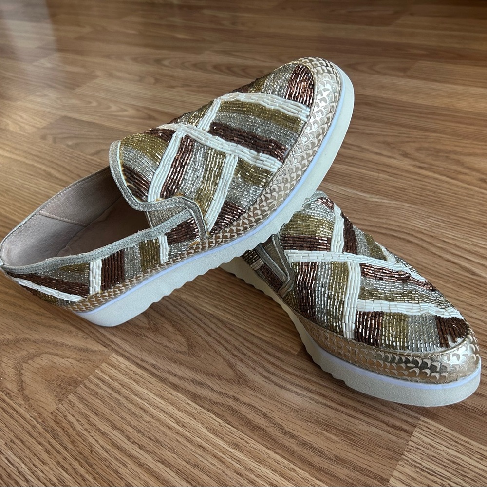 Donald J. Pliner Gold, Silver, Cream and Brown Patterned Loafers